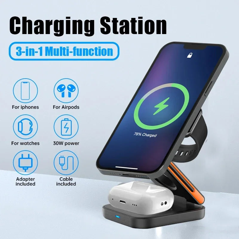 3-in-1 Foldable Wireless Charging Station with Magnetic Stand – Fast Charger for iPhone, Apple Watch & AirPods
