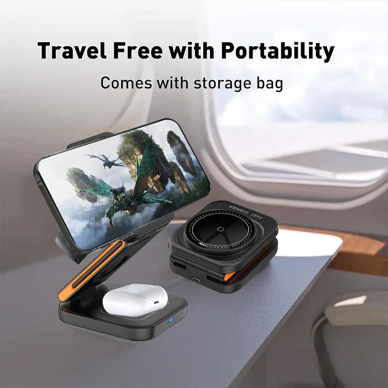 3-in-1 Foldable Wireless Charging Station with Magnetic Stand – Fast Charger for iPhone, Apple Watch & AirPods