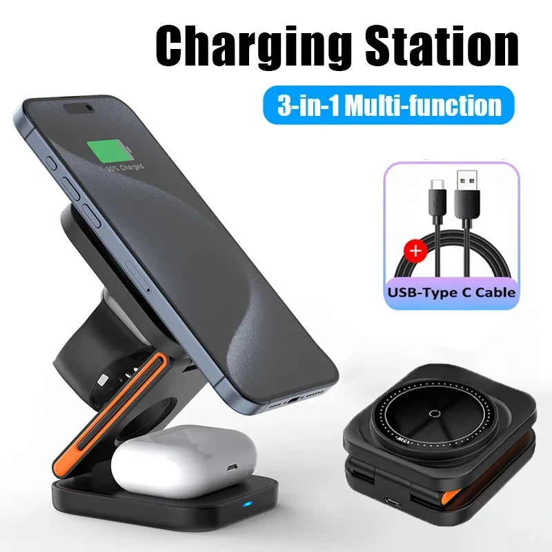 3-in-1 Foldable Wireless Charging Station with Magnetic Stand – Fast Charger for iPhone, Apple Watch & AirPods