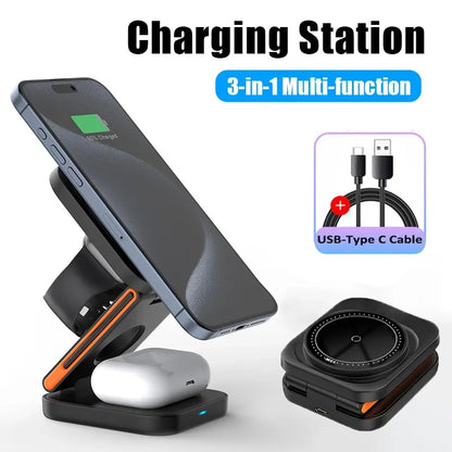 3-in-1 Foldable Wireless Charging Station with Magnetic Stand – Fast Charger for iPhone, Apple Watch & AirPods